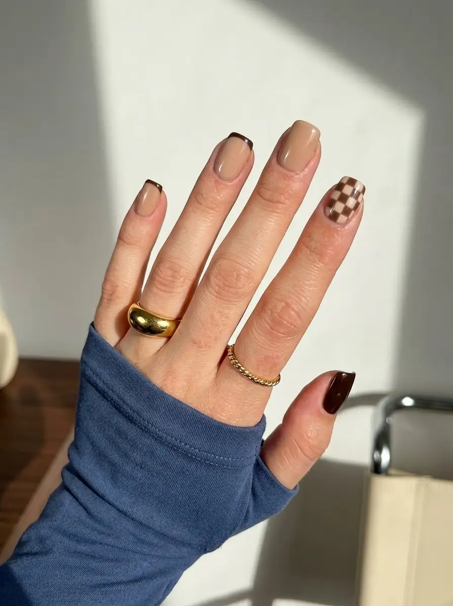 Brown Checkerboard Thanksgiving Nails