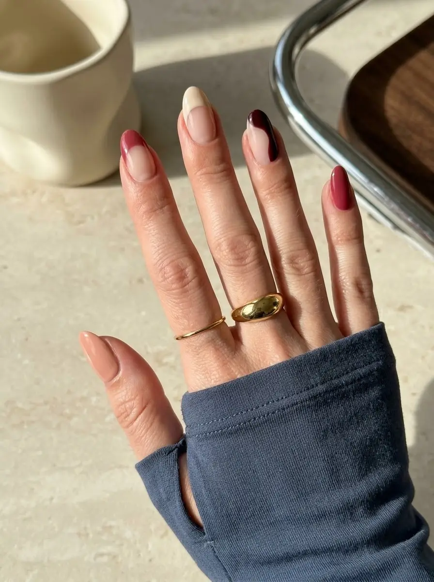 Burgundy Mixed French Thanksgiving Nails