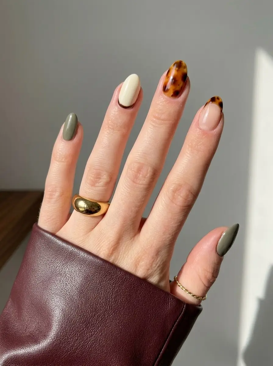 Tortoiseshell and Olive Thanksgiving Nails