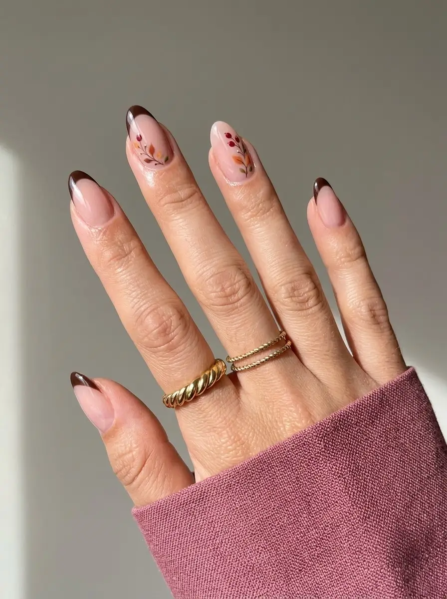 Chocolate French Botanical Thanksgiving Nails