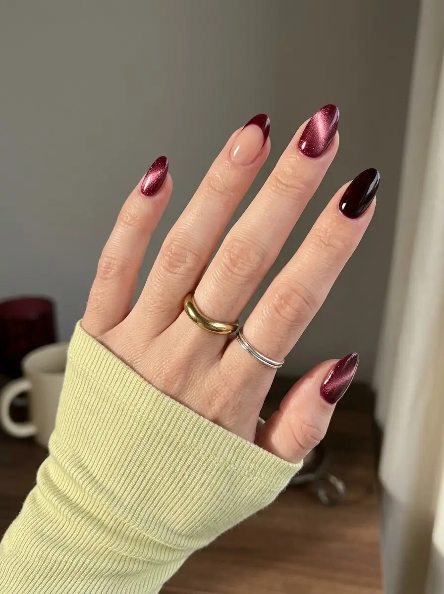 Burgundy Cat-Eye Thanksgiving Nails