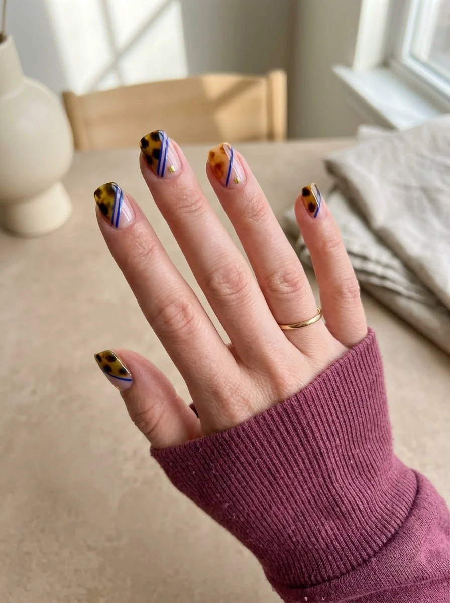 French Tortoiseshell Tip Nails With Blue Lines - Chic Tortoiseshell Tips With Bold Blue Accent Lines