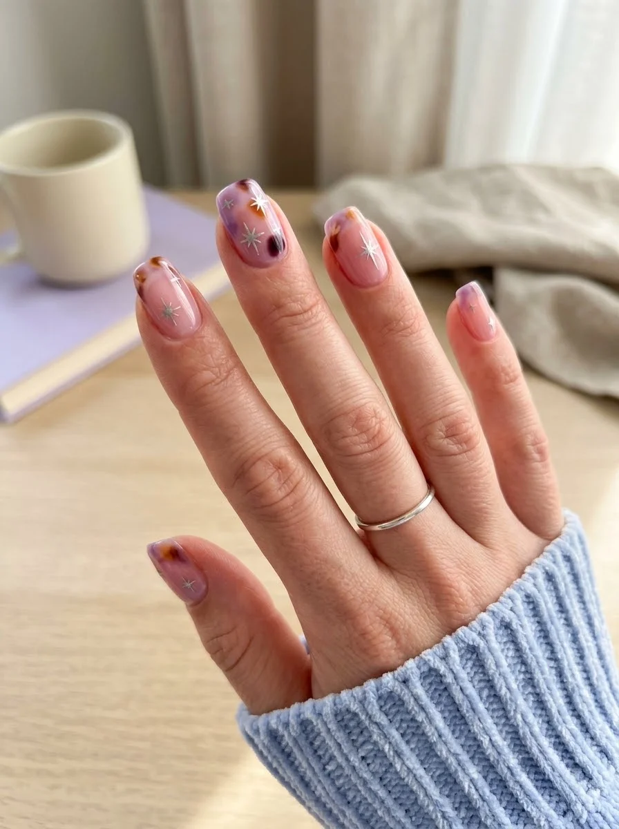 Lilac Starburst Tortoiseshell Nails - Soft Lilac Nails With Tortoiseshell Flecks and Star Details
