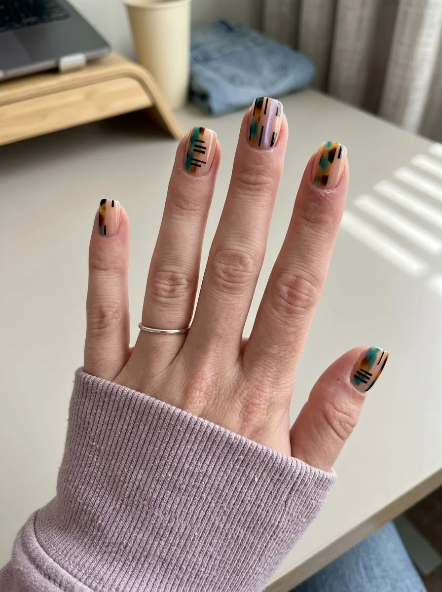 Graphic Tortoiseshell Accent Nails - Modern Graphic Tortoiseshell With Teal Details