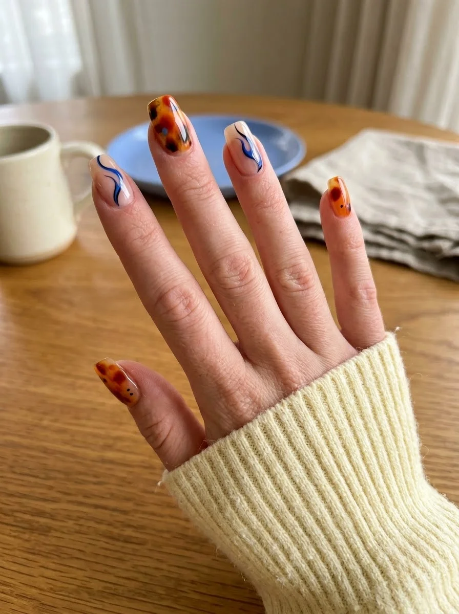 Tortoiseshell Nails With Blue Swirl Accents - Tortoiseshell and Cobalt Blue Swirl Nails