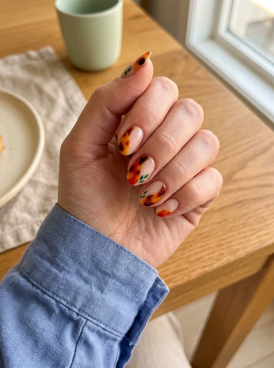 Botanical Tortoiseshell Nails - Warm Tortoiseshell Nails With Green Leaf Accents