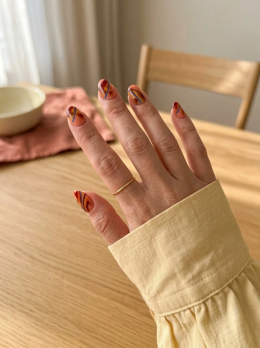 Orange Abstract Tortoiseshell Swirls - Burnt Orange Nails With Curved Line Art