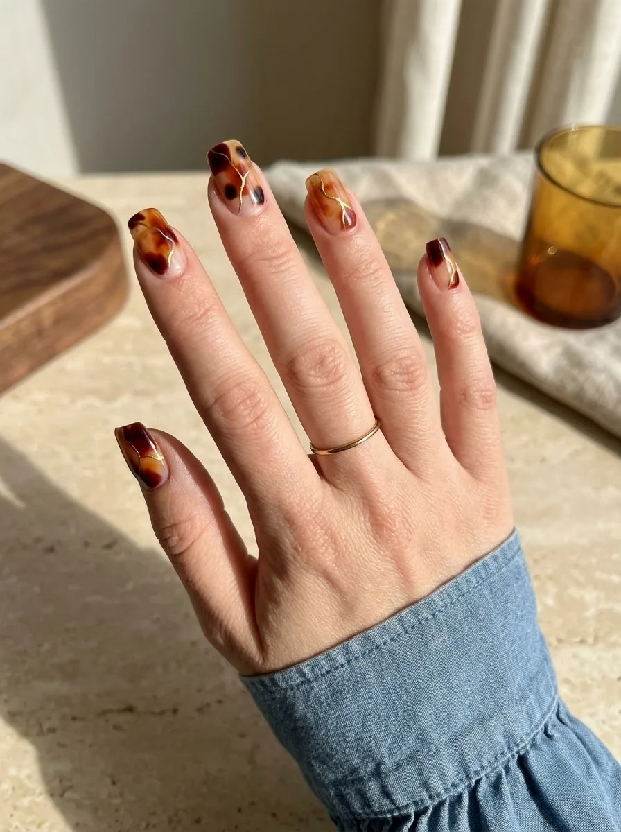 Gold-Trimmed Tortoiseshell Nails - Rich Tortoiseshell Nails With Fine Gold Lines