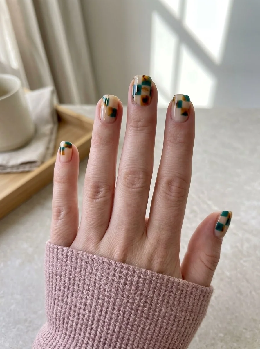Checkered Tortoiseshell Nails - Teal and Tortoiseshell Checkerboard Nails