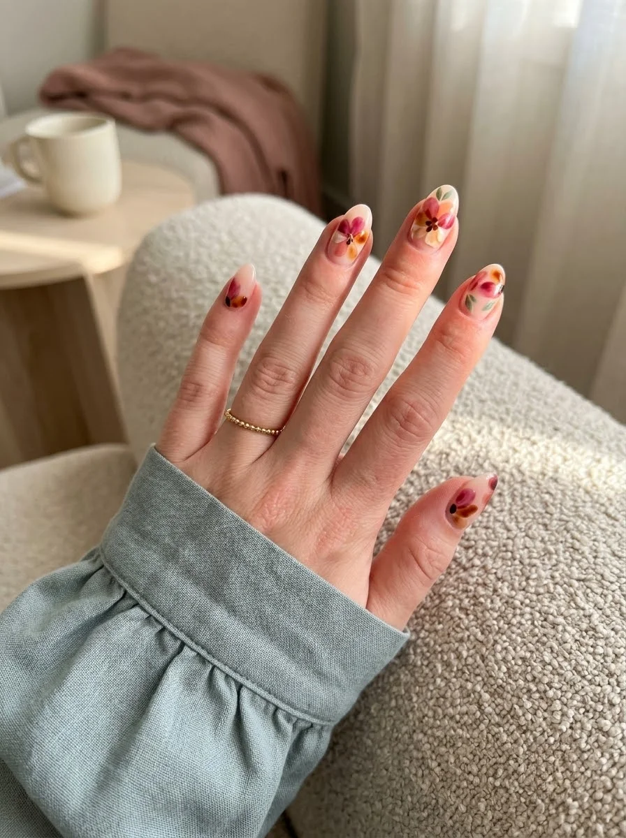 Watercolor Floral Tortoiseshell Nails - Soft floral nails with warm tortoiseshell details