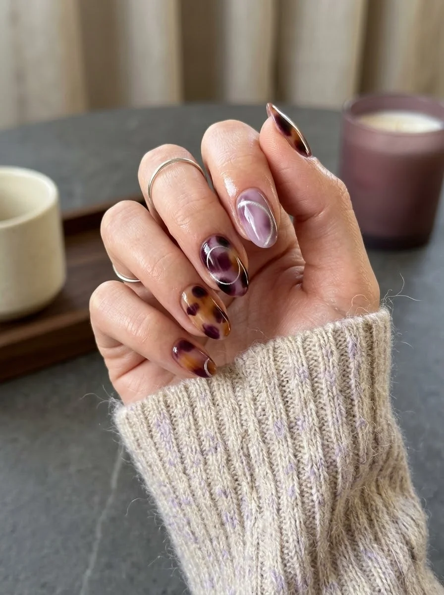 Purple Tortoiseshell Swirl Nails - Plum Tortoiseshell Nails With Metallic Swirls