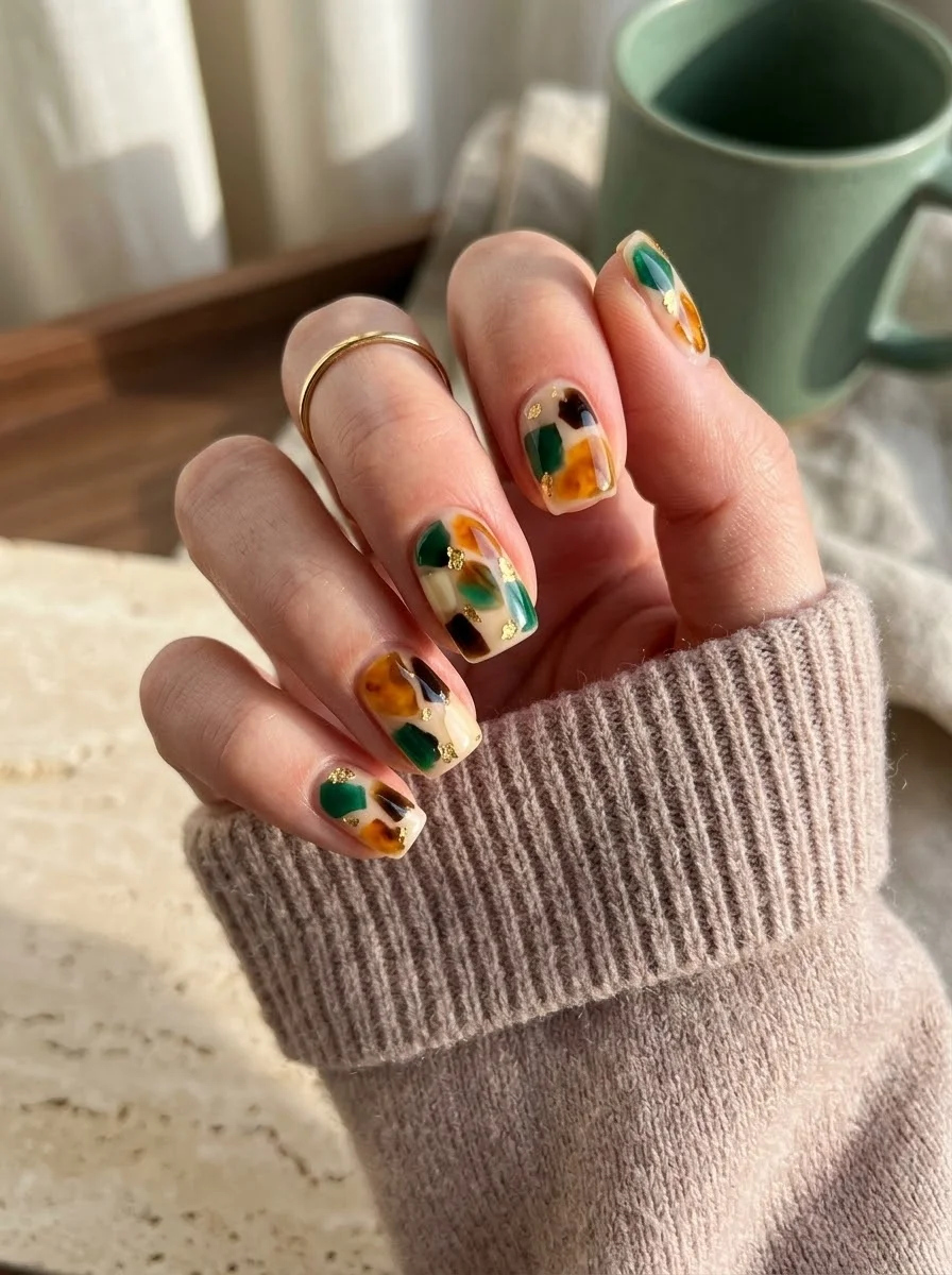 Abstract Checkered Tortoiseshell Nails - Emerald, Amber and Gold Abstract Tortoiseshell Nails