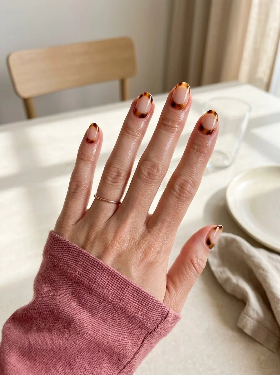 Framed Tortoiseshell French Nails - Minimal Nude Nails With Tortoiseshell Borders