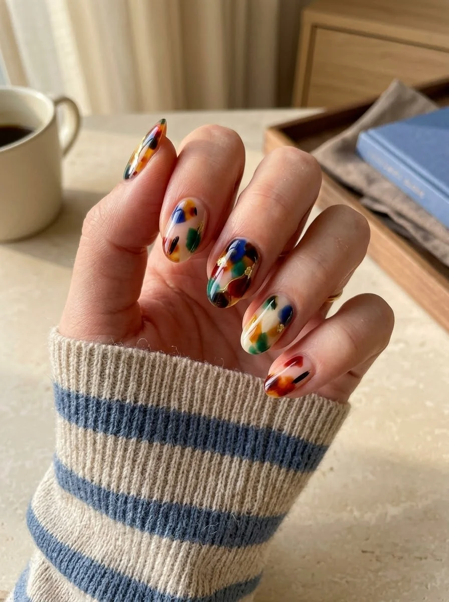 Multicolor Abstract Tortoiseshell Nails - Color-Block Tortoiseshell Nails With Jewel-Tone Accents