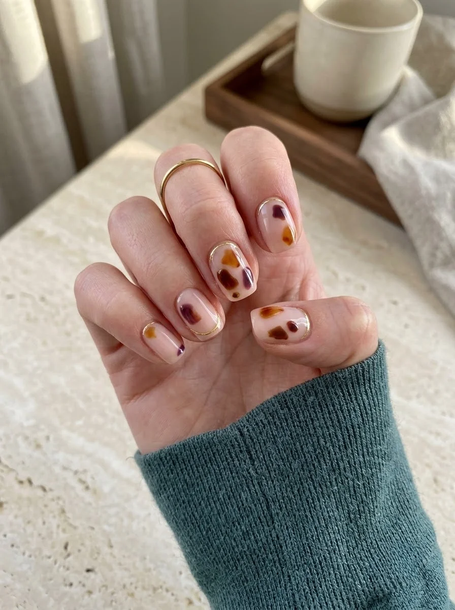 Minimal Scattered Tortoiseshell Nails - Sheer Nude Nails With Amber and Burgundy Tortoiseshell Details