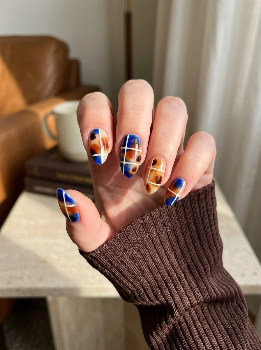 Blue Grid Tortoiseshell Nails - Cobalt Blue and Tortoiseshell Grid Nails