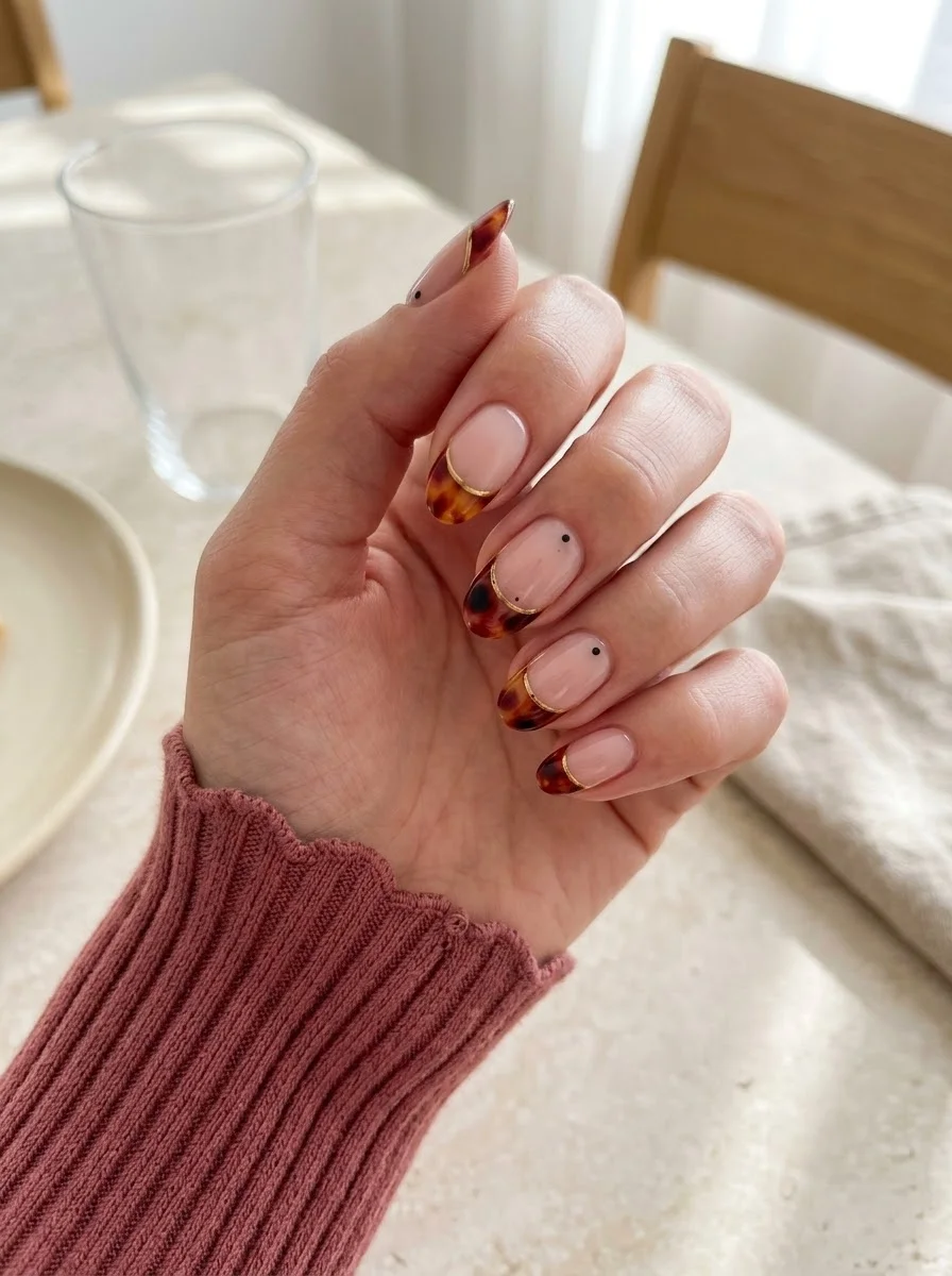 Gold-Trimmed Tortoiseshell French Tips - Tortoiseshell French Tips With Gold and Dot Details