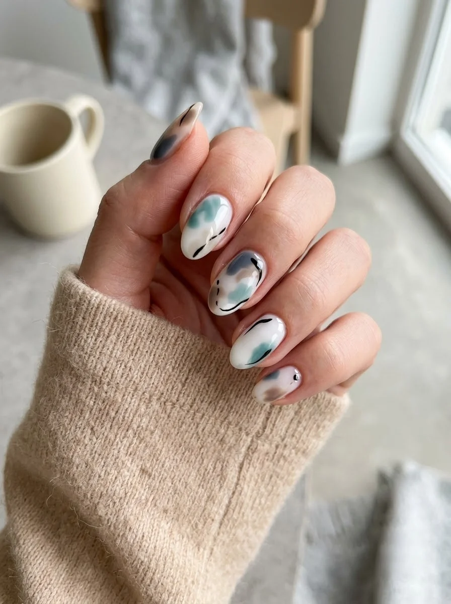 Teal Abstract Tortoiseshell Nails - Milky abstract nails with teal and tortoiseshell accents