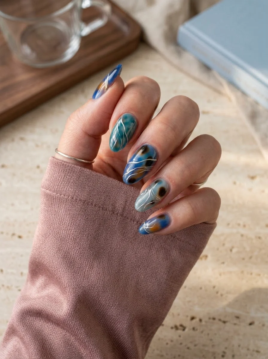 Blue Swirl Tortoiseshell Nails - Deep blue tortoiseshell swirls with fine line art