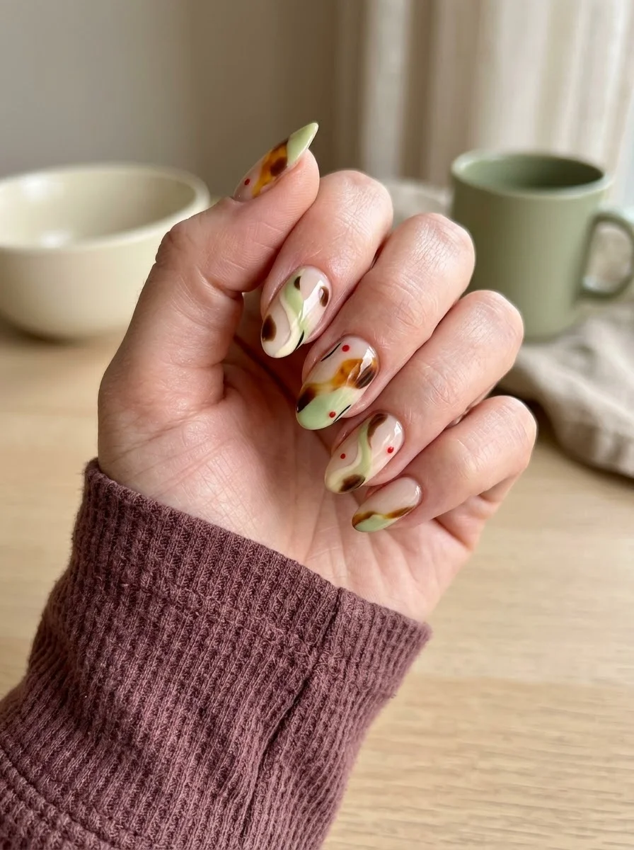 Sage Green Abstract Tortoiseshell Nails - Sage, cream and tortoiseshell abstract nails