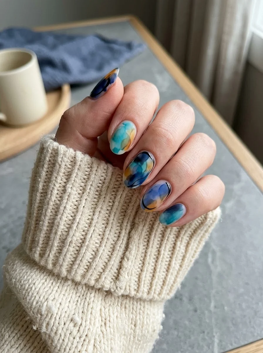 Watercolor Blue Tortoiseshell Nails - Dreamy Blue Abstract Nails With Tortoiseshell Influence