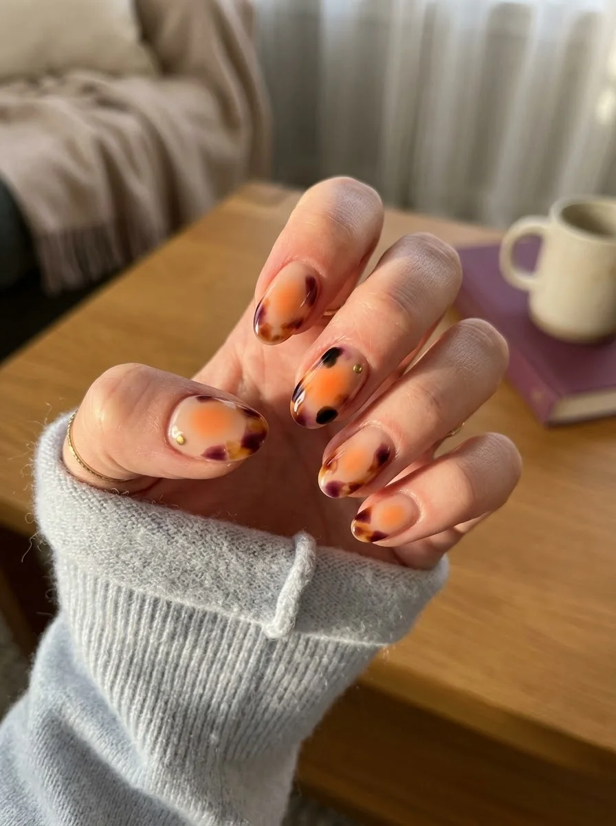 Soft Peach Jelly Tortoiseshell Nails - Peachy Sheer Tortoiseshell With Tiny Gold Accents