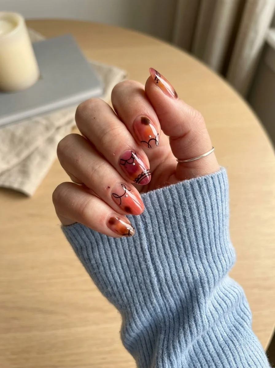 Coral Line Art Tortoiseshell Nails - Warm Coral Tortoiseshell Nails With Delicate Doodles