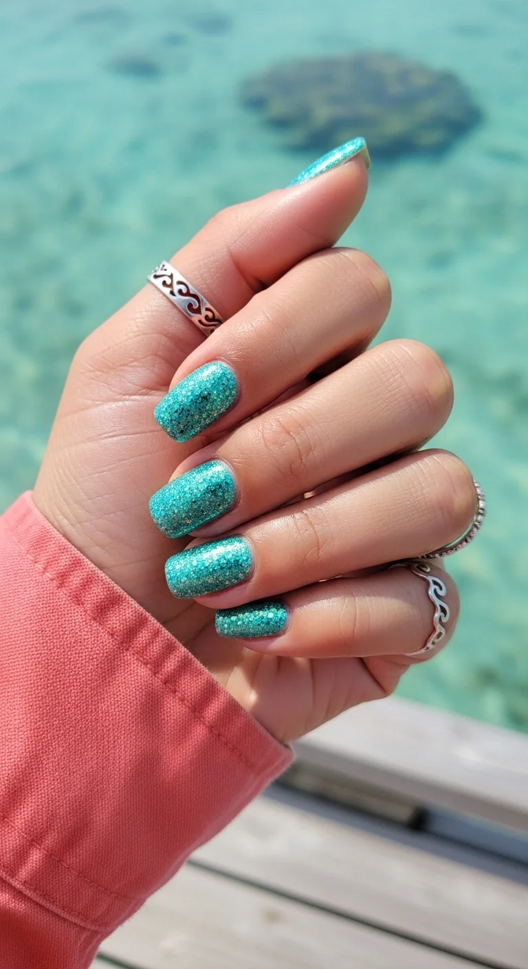 Short squoval nails with teal glitter polish against a blue ocean background.
