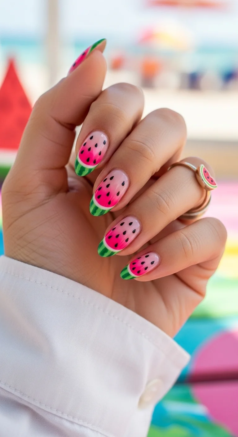 Short almond nails with watermelon fruit art, featuring a pink ombre and green rinds.