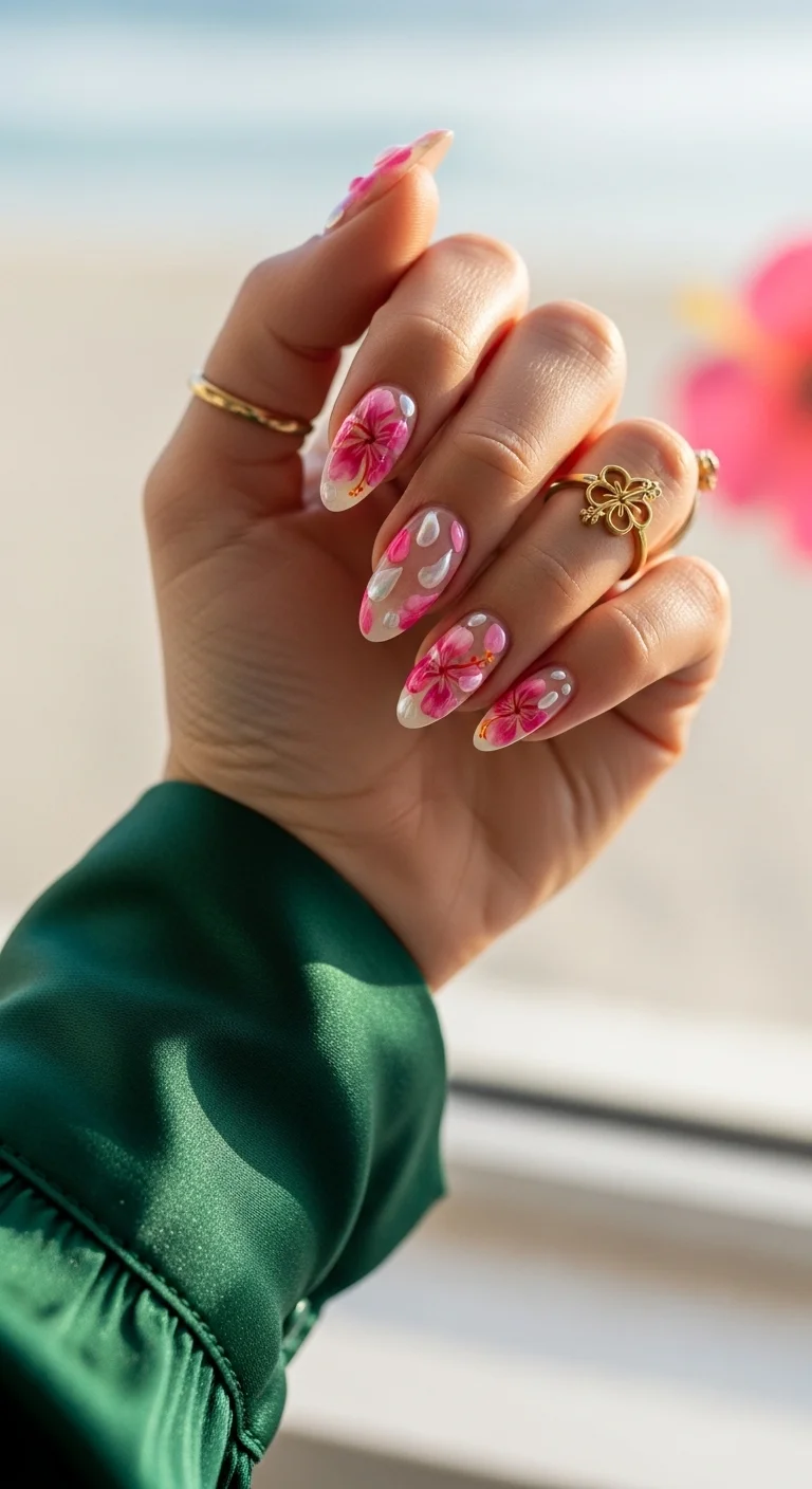 Long almond nails with hand-painted pink hibiscus flowers and 3D clear 'water drops'.