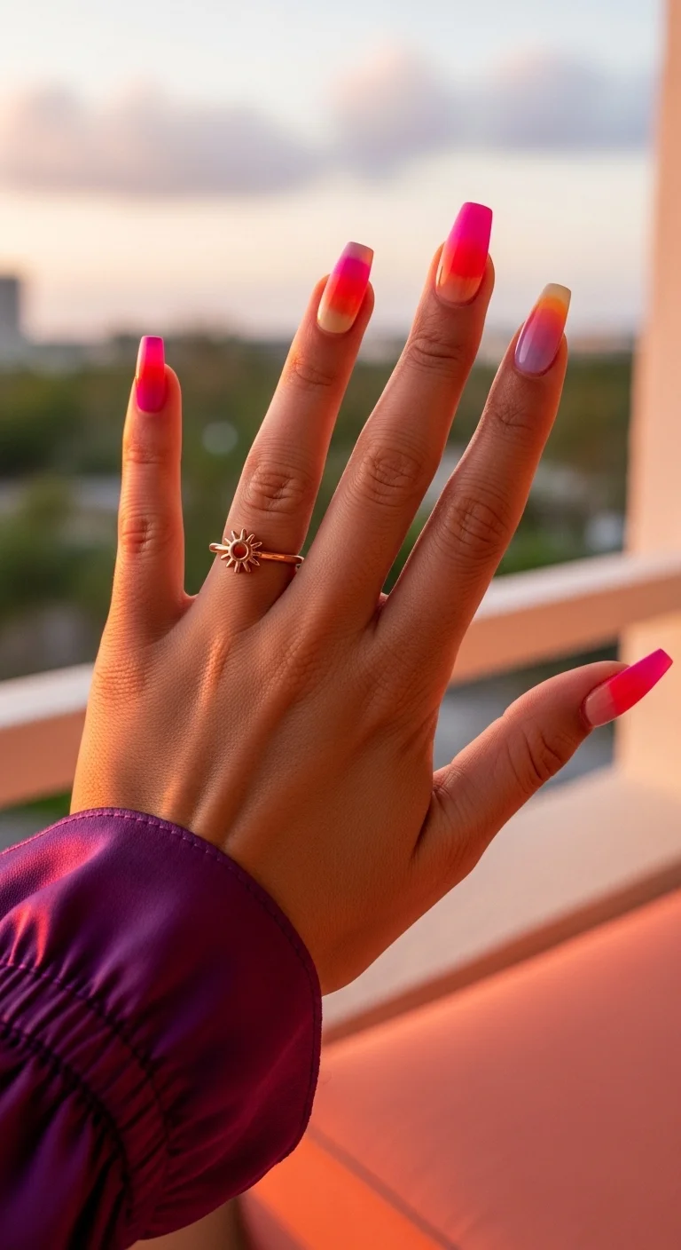 Long coffin nails with a pink to orange to yellow sunset gradient.