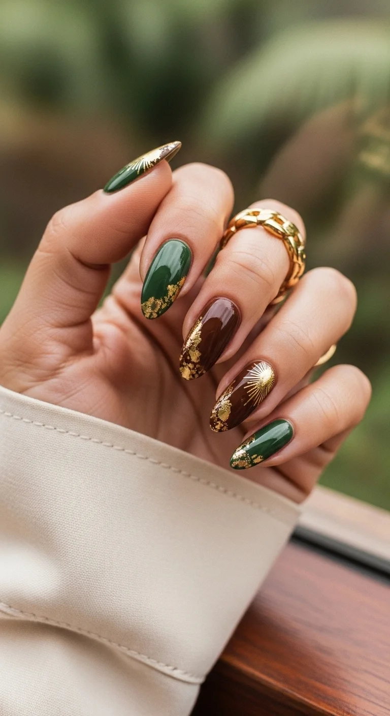 Medium almond nails with forest green and chocolate brown polish and gold foil sun flakes.