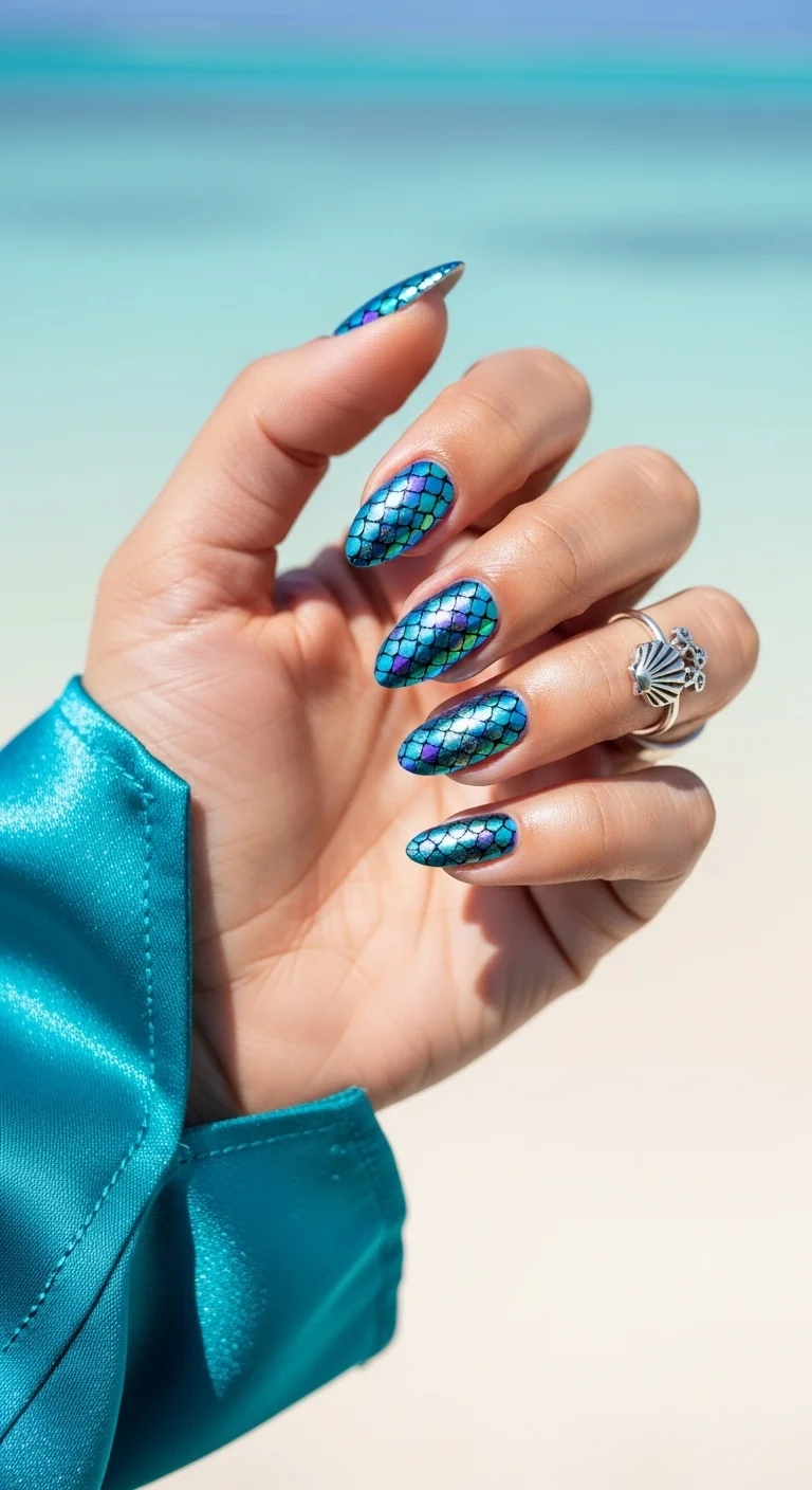 Long almond nails with an iridescent blue and purple mermaid scale pattern.