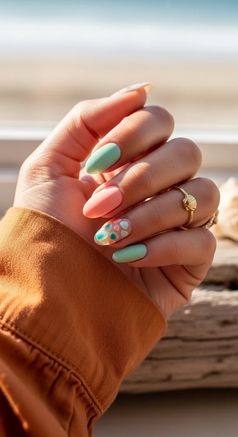 Medium almond nails with seafoam green and coral pink matte polish and abstract pebble art.