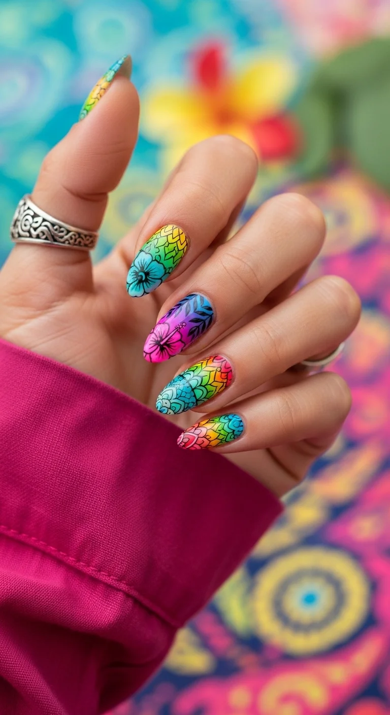 Long almond nails with a rainbow gradient and black stamped mandala and hibiscus art.