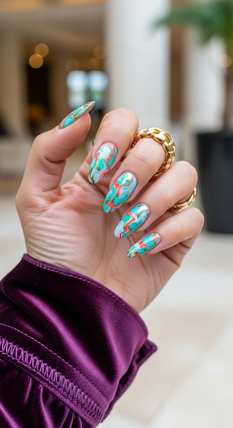 Long almond nails with a turquoise and coral marble effect and gold foil accents.