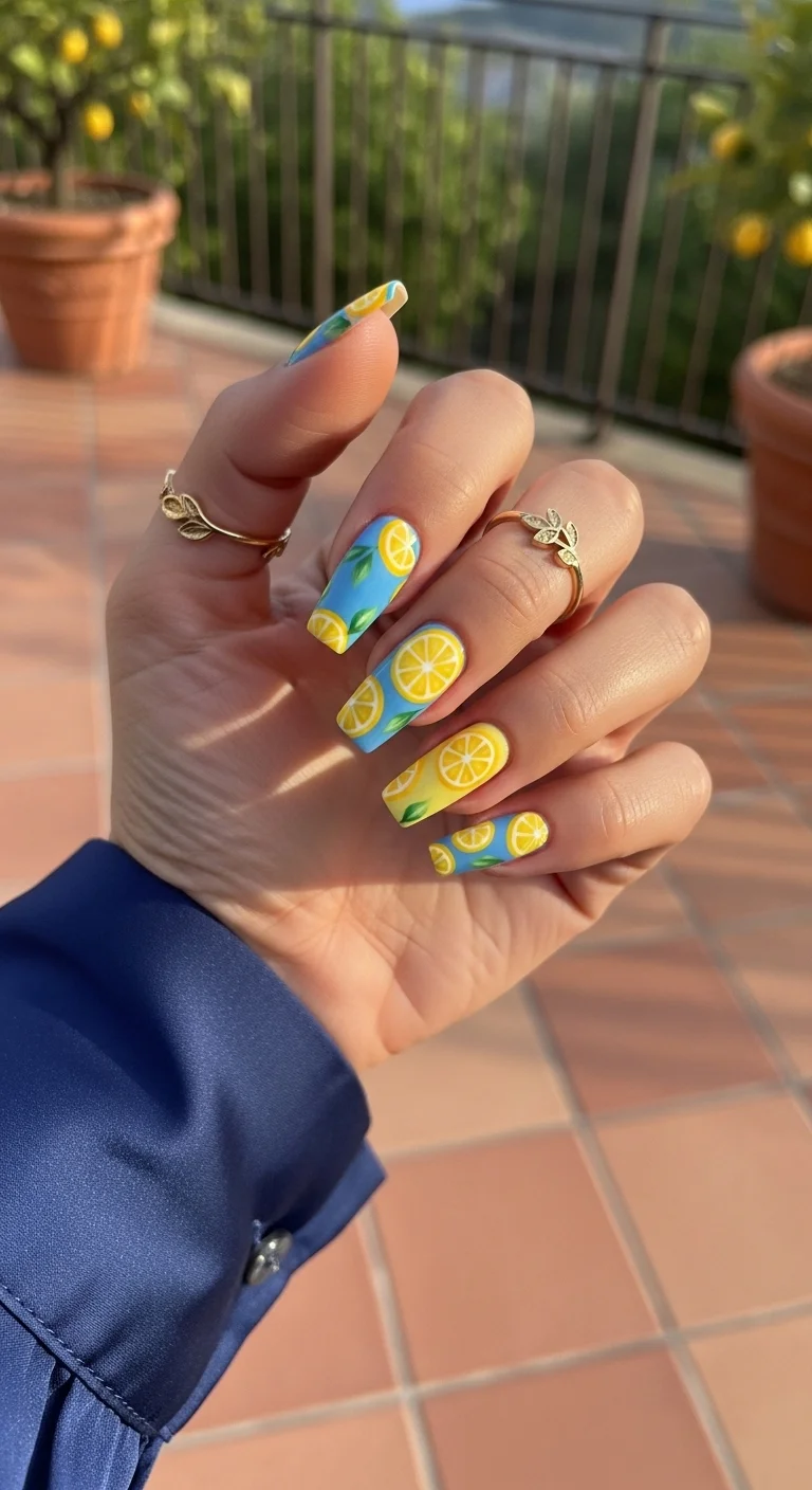 Long square nails with a sky blue base and hand-painted yellow lemon slice art.