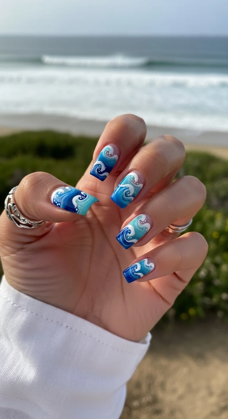 Long square nails with blue and white wave nail art and silver rings.