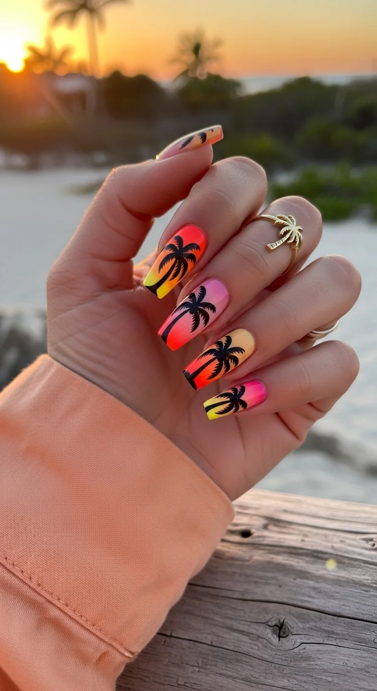 Long square nails with a sunset gradient and black palm tree silhouettes.