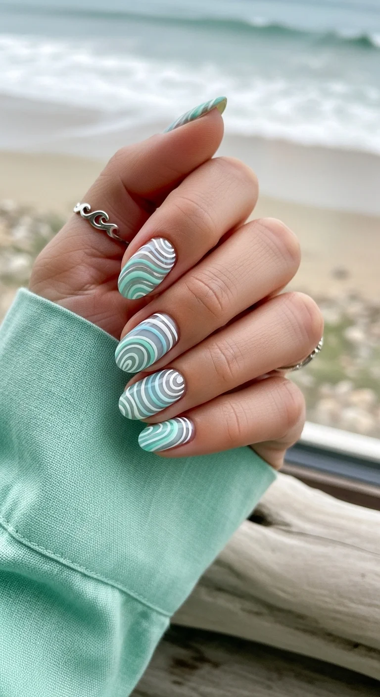Medium almond nails with a seafoam green base and white and silver swirling waves.