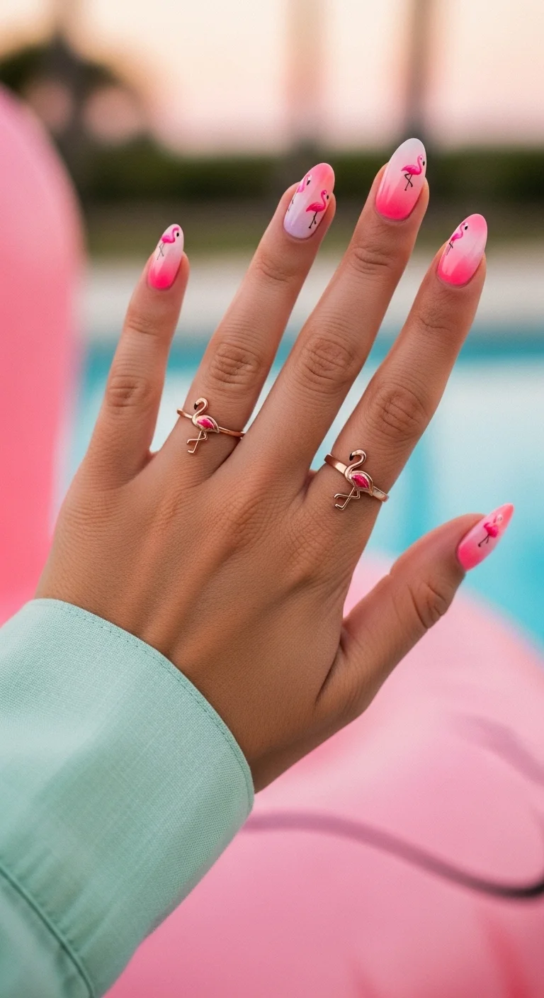 Long almond nails with a white-to-pink ombre and tiny hand-painted pink flamingos.