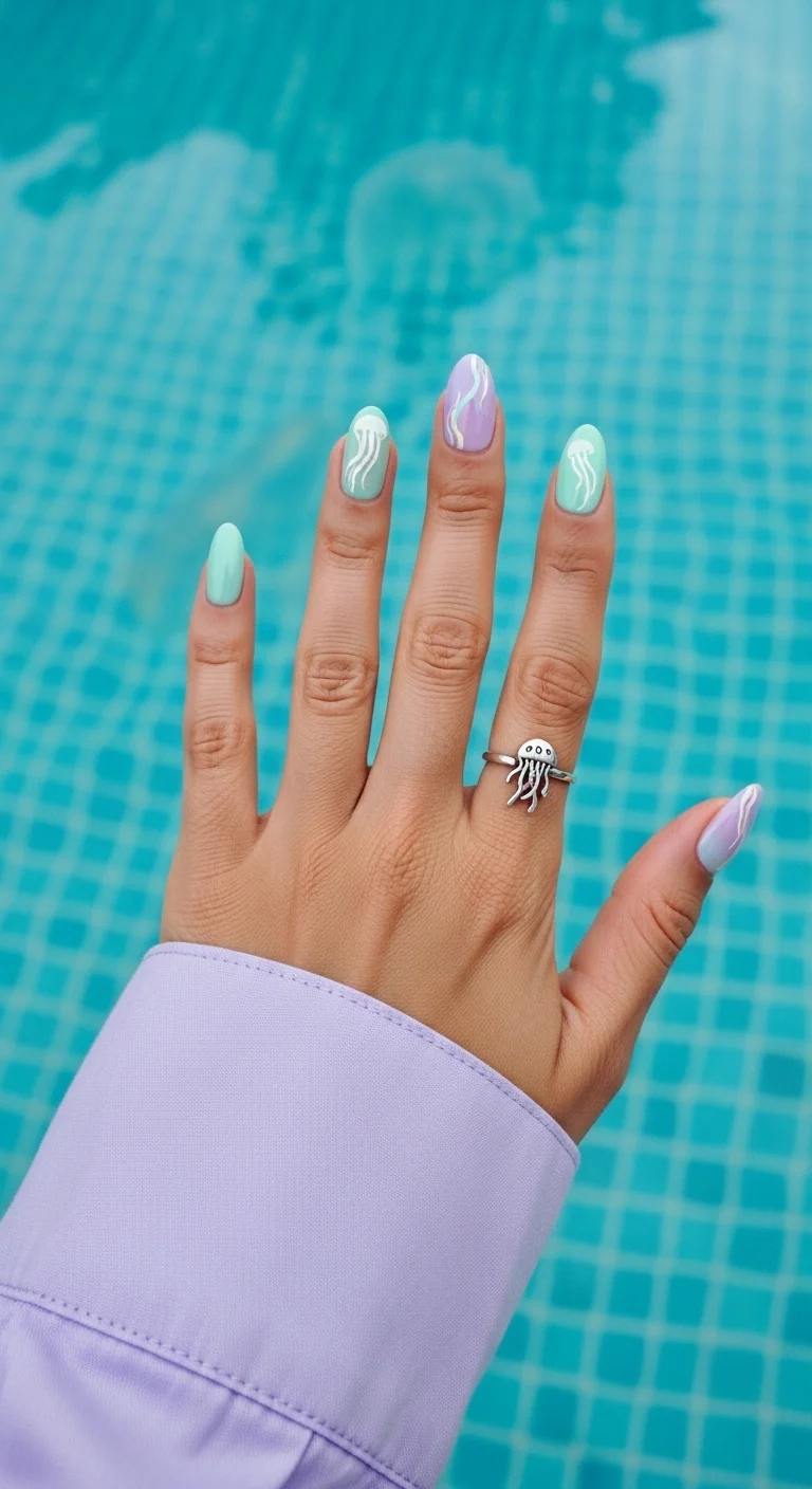 Long almond nails with alternating mint and lavender bases and white jellyfish art.