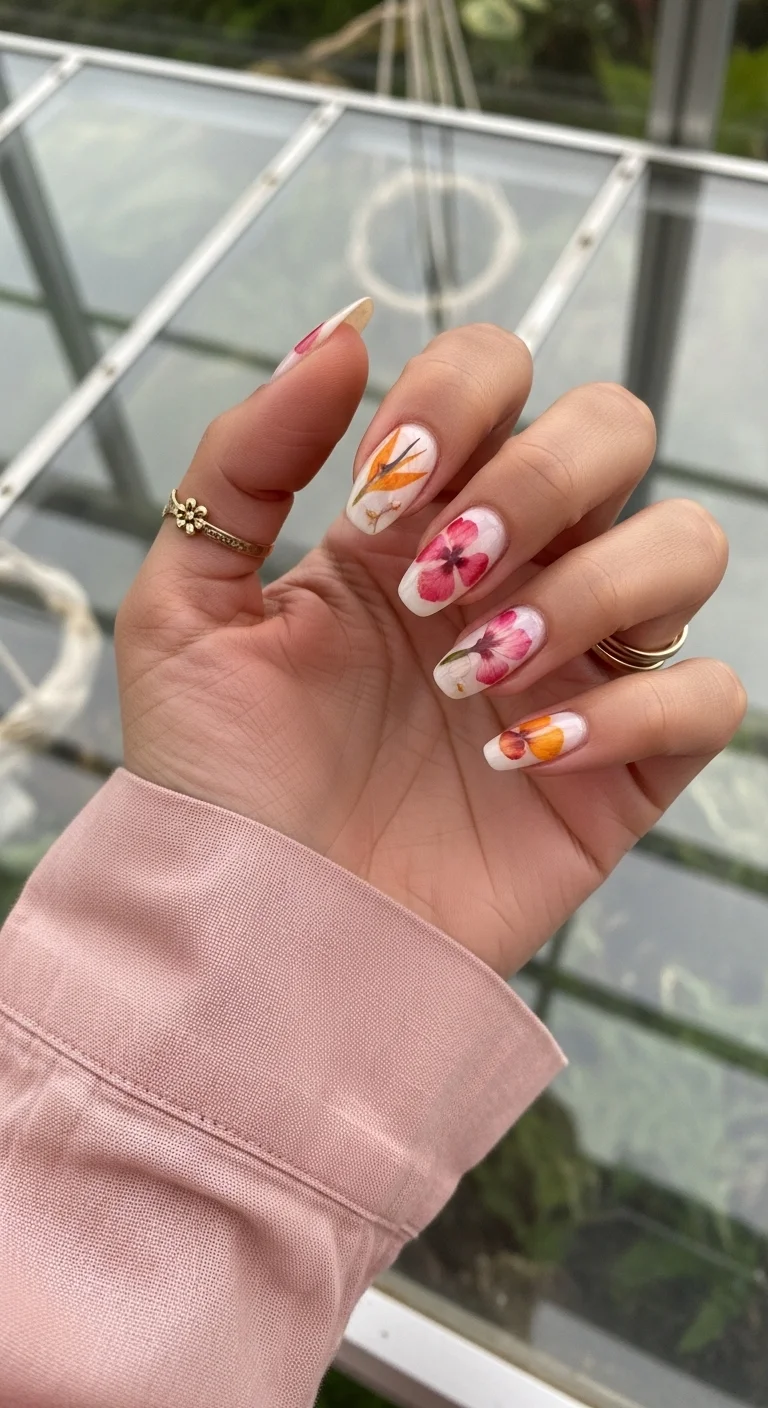 Medium almond nails with a milky white base and realistic pressed flower nail art.