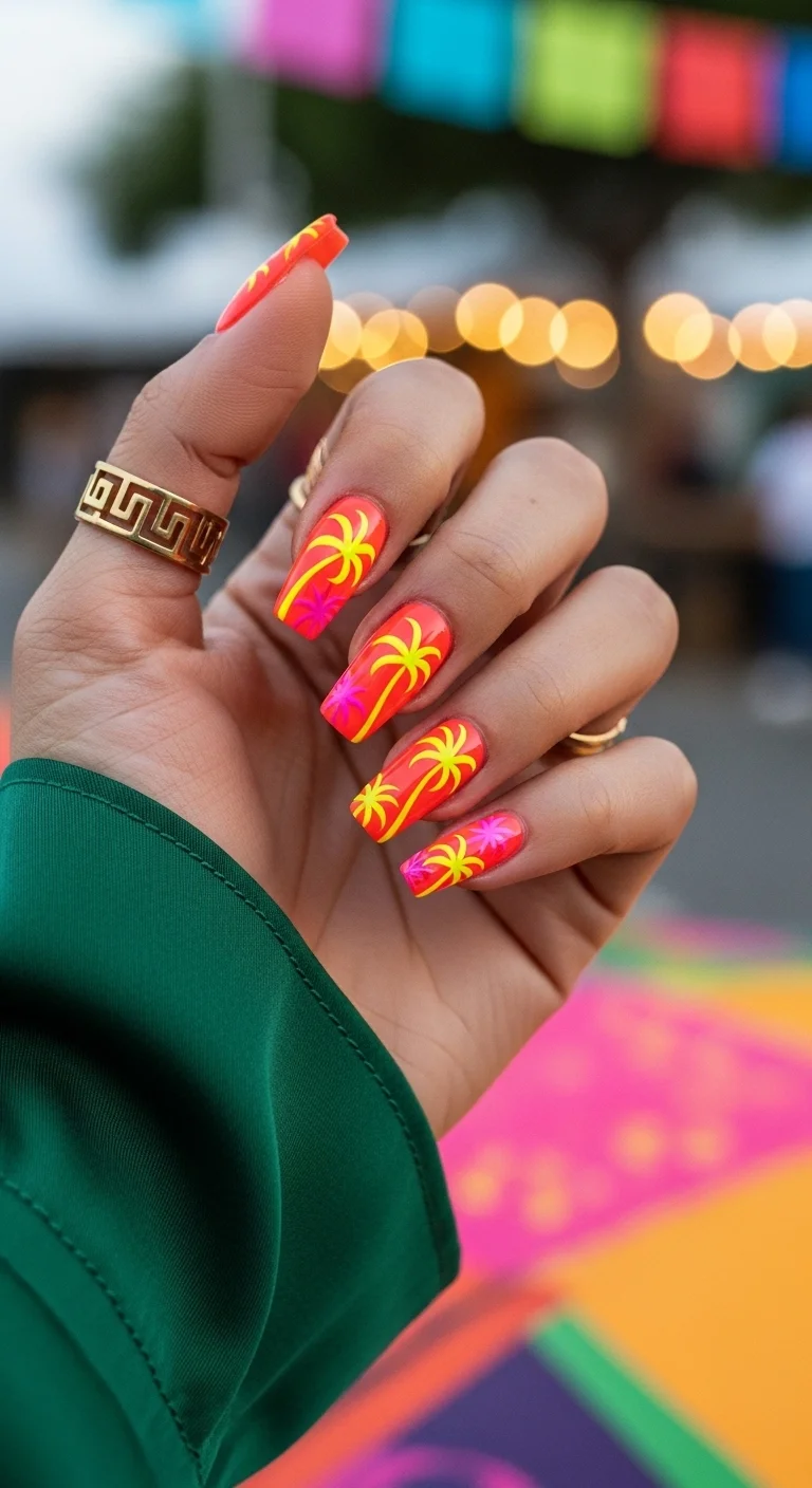 Long coffin nails with a neon orange base and yellow and pink palm tree silhouettes.