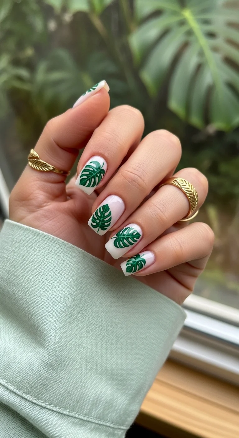 Short square nails with a milky white base and hand-painted green monstera leaves.