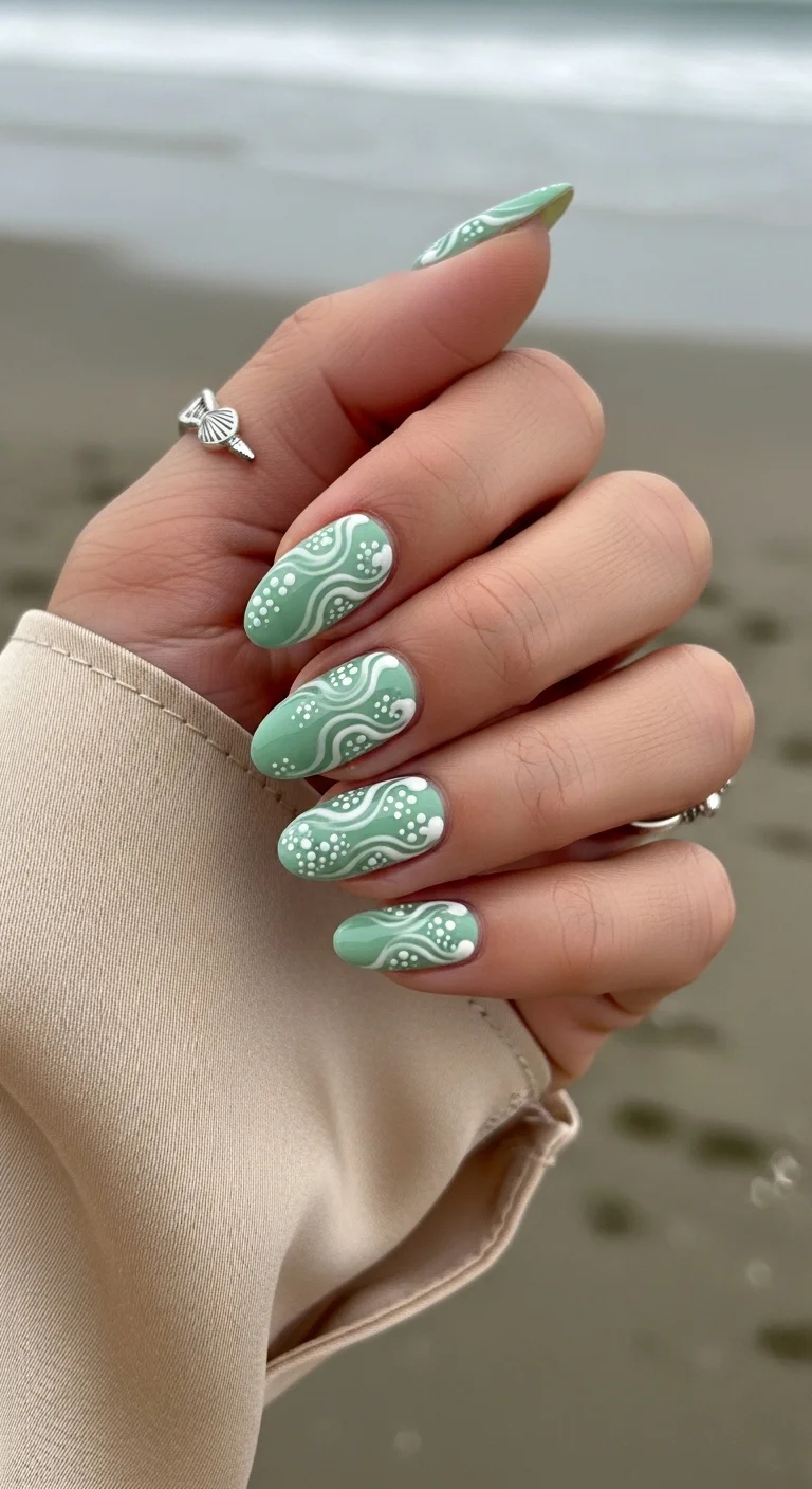 Long almond nails with a sage green base and white wave and dot patterns.