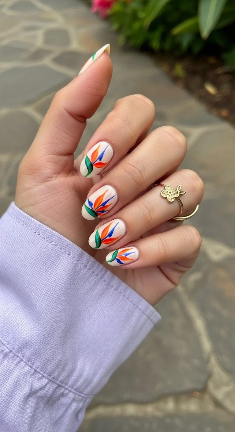 Long almond nails with a cream base and hand-painted Bird of Paradise flower art.