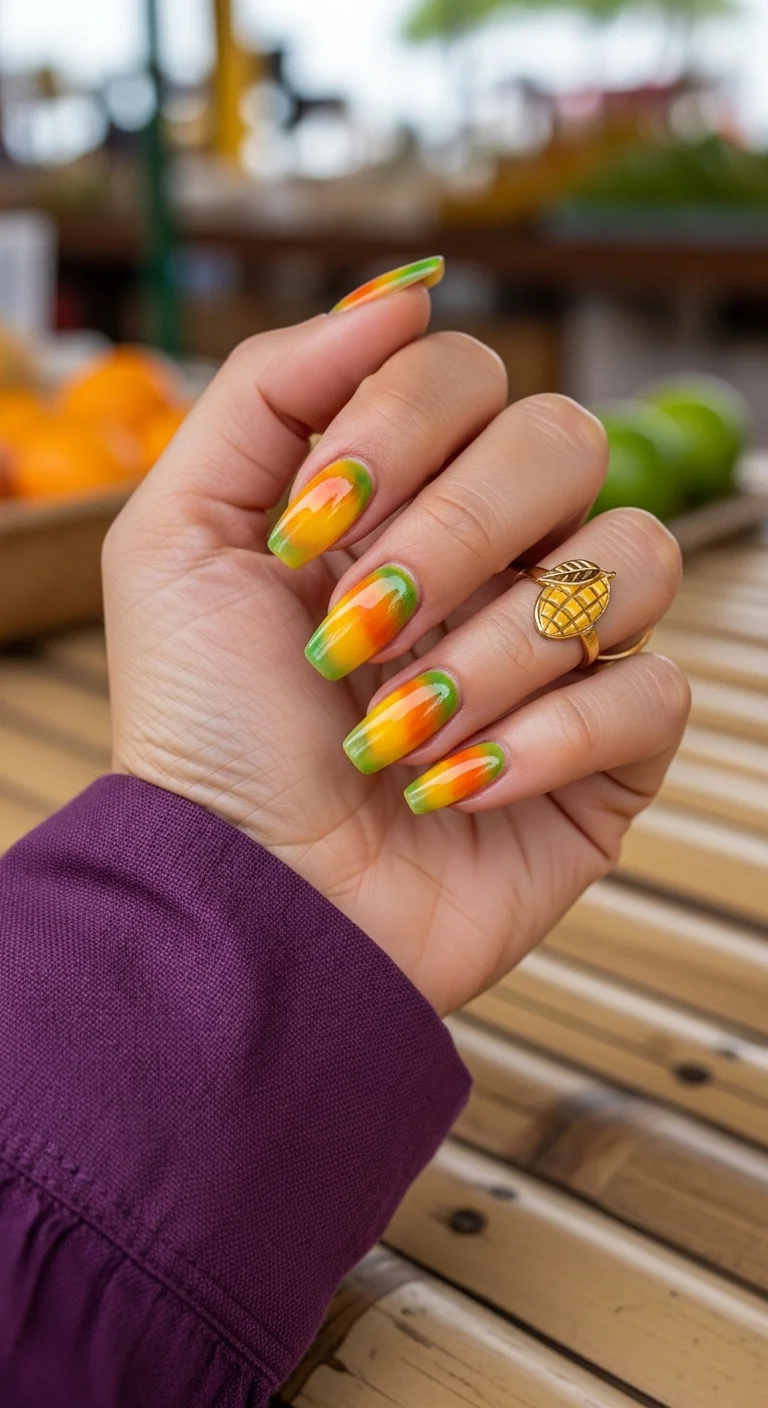 Long coffin nails with a green-to-orange-to-yellow ombre finish.