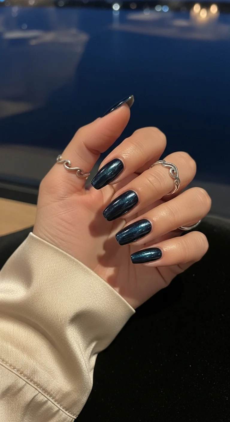 Long coffin nails with a deep teal cat-eye magnetic finish.