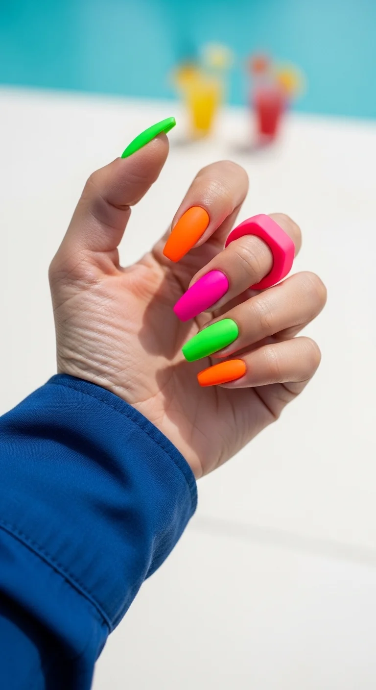 Long coffin nails in a skittle style with matte neon pink, orange, and green.